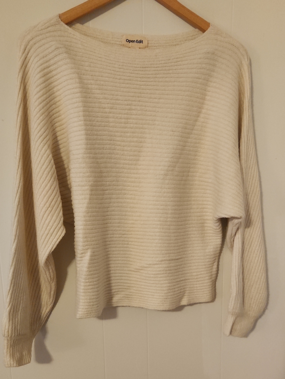 Open Edit Cream Ribbed Boatneck Sweater - Lightweight Everyday Knit